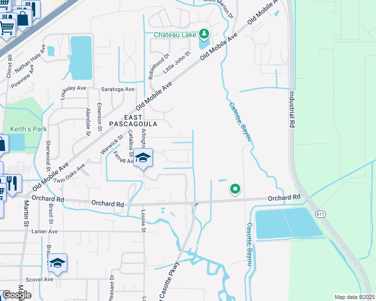 map of restaurants, bars, coffee shops, grocery stores, and more near 5224 Pentagon Street in Pascagoula