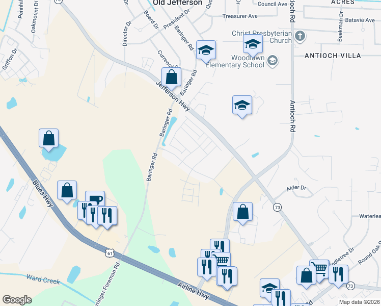 map of restaurants, bars, coffee shops, grocery stores, and more near Billiu Street in Baton Rouge