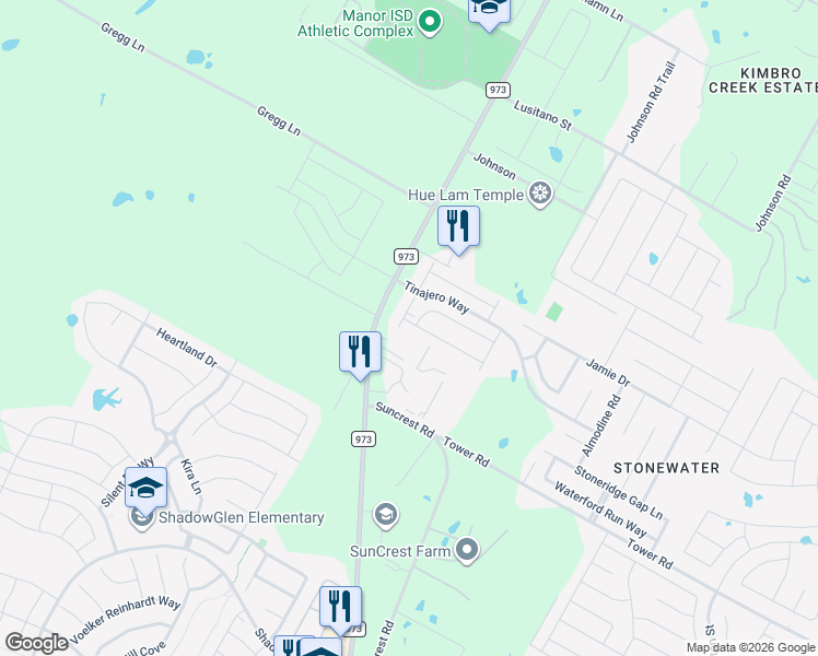 map of restaurants, bars, coffee shops, grocery stores, and more near 11605 Carbrook Road in Manor