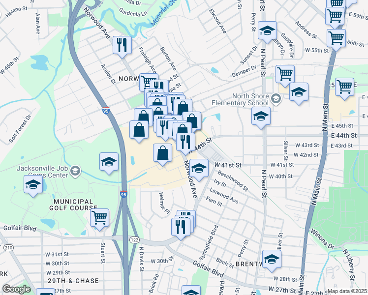 map of restaurants, bars, coffee shops, grocery stores, and more near 751-777 W 44th St in Jacksonville