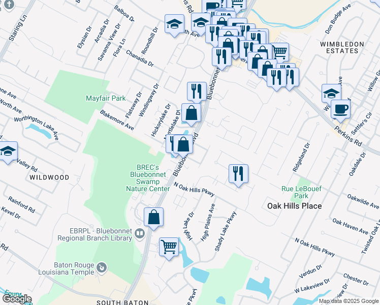 map of restaurants, bars, coffee shops, grocery stores, and more near 8500 Bluebonnet Boulevard in Baton Rouge