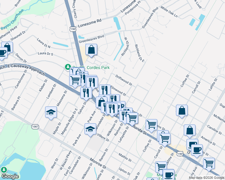 map of restaurants, bars, coffee shops, grocery stores, and more near 218 Elmwood Street in Mandeville