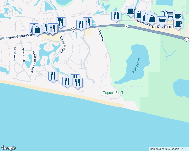 map of restaurants, bars, coffee shops, grocery stores, and more near 515 Tops'l Beach Boulevard in Miramar Beach