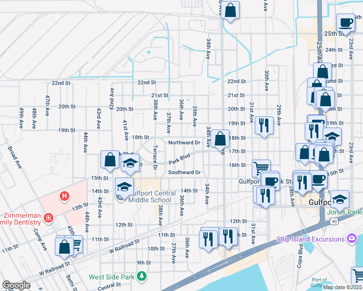 map of restaurants, bars, coffee shops, grocery stores, and more near 3607 Northward Drive in Gulfport