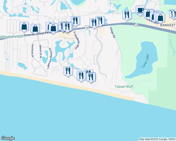 map of restaurants, bars, coffee shops, grocery stores, and more near 5002 South Sandestin Boulevard in Destin