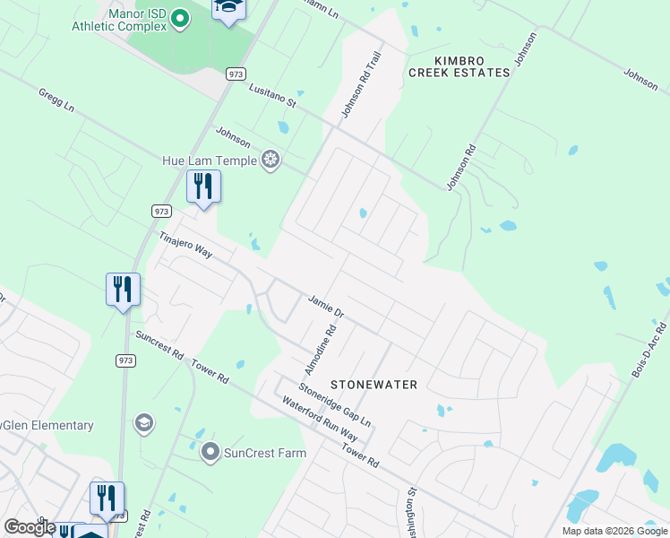 map of restaurants, bars, coffee shops, grocery stores, and more near 14620 Strata Road in Manor