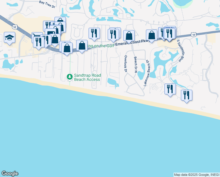 map of restaurants, bars, coffee shops, grocery stores, and more near Hidden Dunes Drive East in Miramar Beach