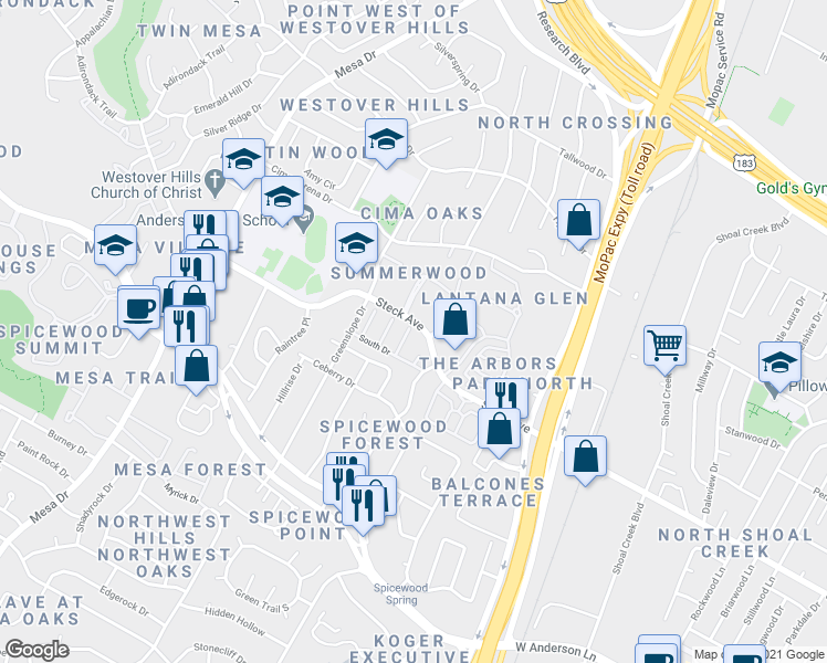 map of restaurants, bars, coffee shops, grocery stores, and more near 8117 East Court in Austin