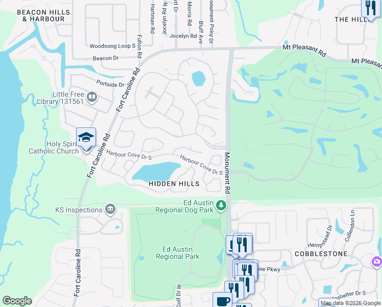 map of restaurants, bars, coffee shops, grocery stores, and more near 12043 Saverio Lane in Jacksonville