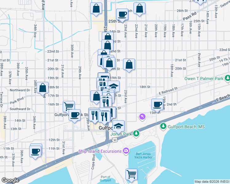 map of restaurants, bars, coffee shops, grocery stores, and more near 1718 25th Avenue in Gulfport
