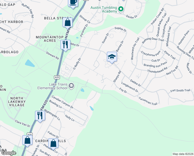 map of restaurants, bars, coffee shops, grocery stores, and more near 15101 Foy Drive in Austin