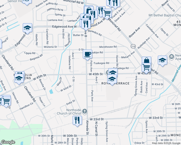 map of restaurants, bars, coffee shops, grocery stores, and more near 5510 Avenue B in Jacksonville