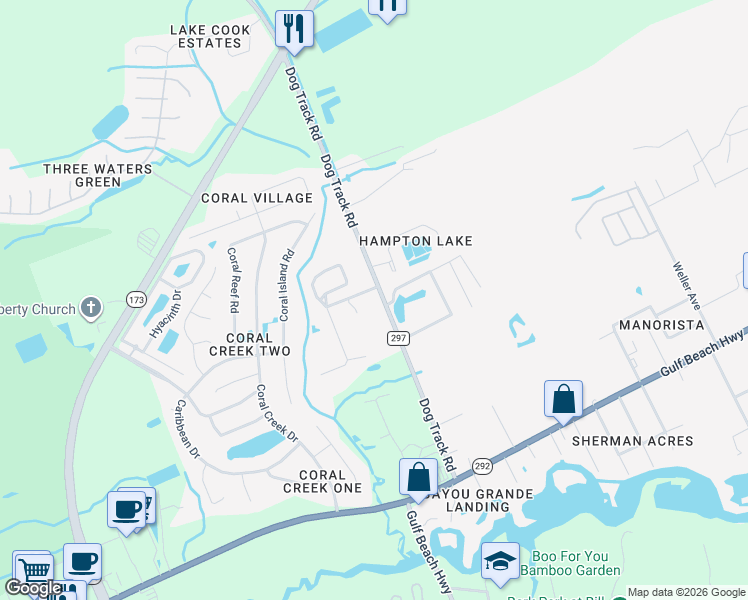 map of restaurants, bars, coffee shops, grocery stores, and more near 9794 Brookstone Way in Pensacola