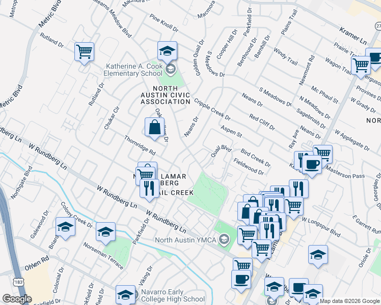 map of restaurants, bars, coffee shops, grocery stores, and more near 9803 Parkfield Drive in Austin