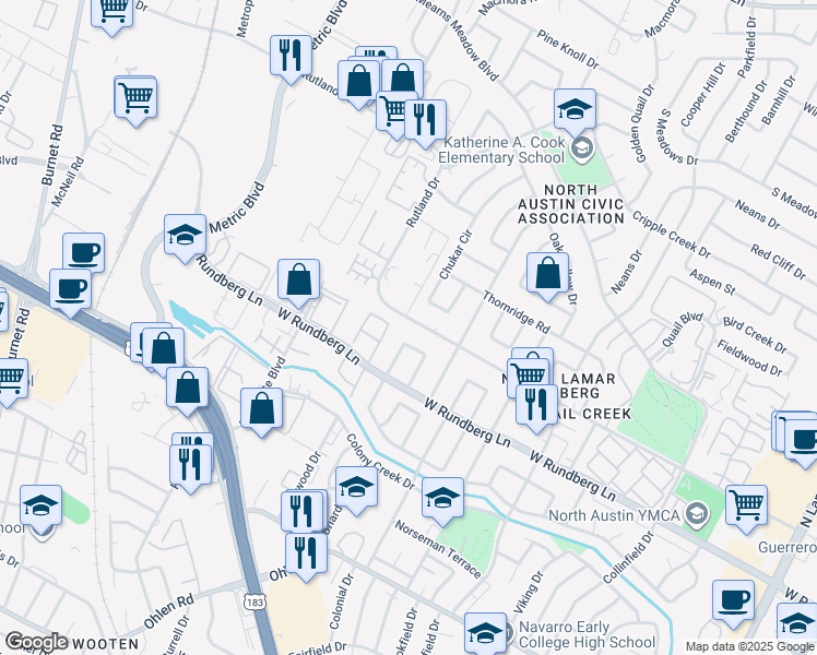 map of restaurants, bars, coffee shops, grocery stores, and more near 1621 Rutland Drive in Austin