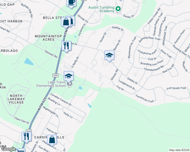 map of restaurants, bars, coffee shops, grocery stores, and more near 15101 Foy Drive in Austin