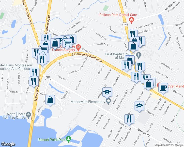 map of restaurants, bars, coffee shops, grocery stores, and more near 3327 John W Moore Street in Mandeville