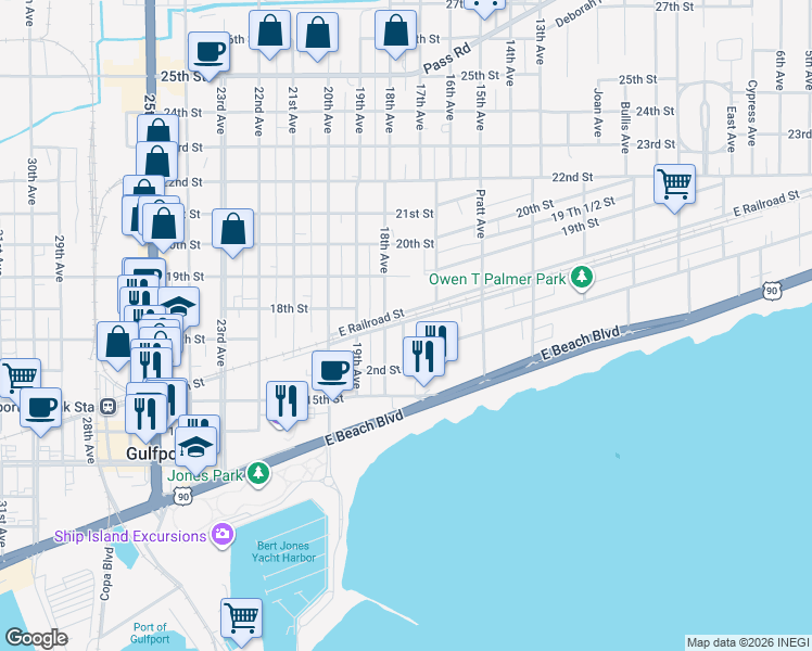 map of restaurants, bars, coffee shops, grocery stores, and more near 1754 East Railroad Street in Gulfport