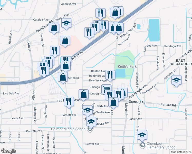 map of restaurants, bars, coffee shops, grocery stores, and more near 3218 Baltimore Avenue in Pascagoula