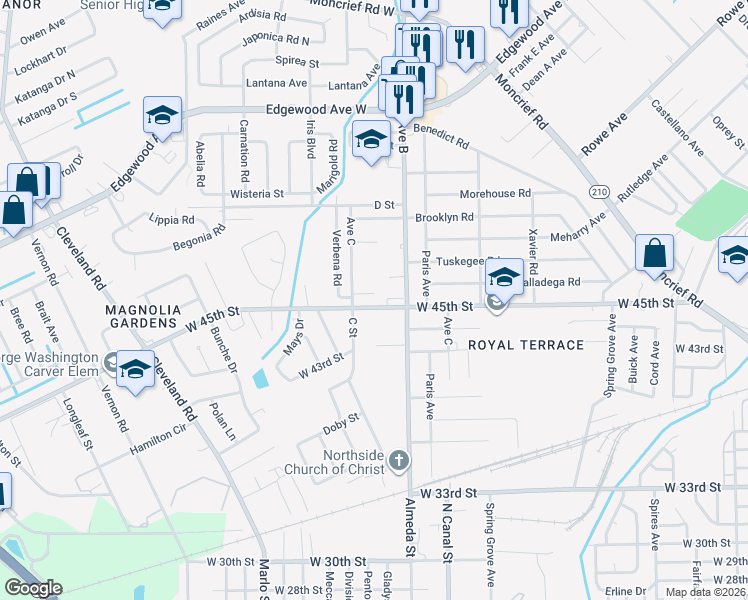map of restaurants, bars, coffee shops, grocery stores, and more near 2359 West 45th Street in Jacksonville