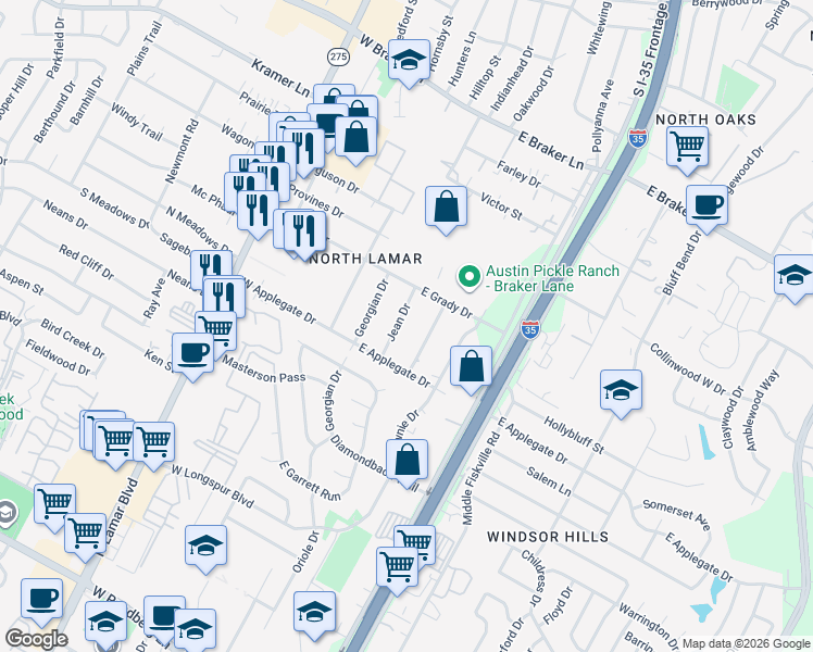 map of restaurants, bars, coffee shops, grocery stores, and more near 10601 Jean Drive in Austin