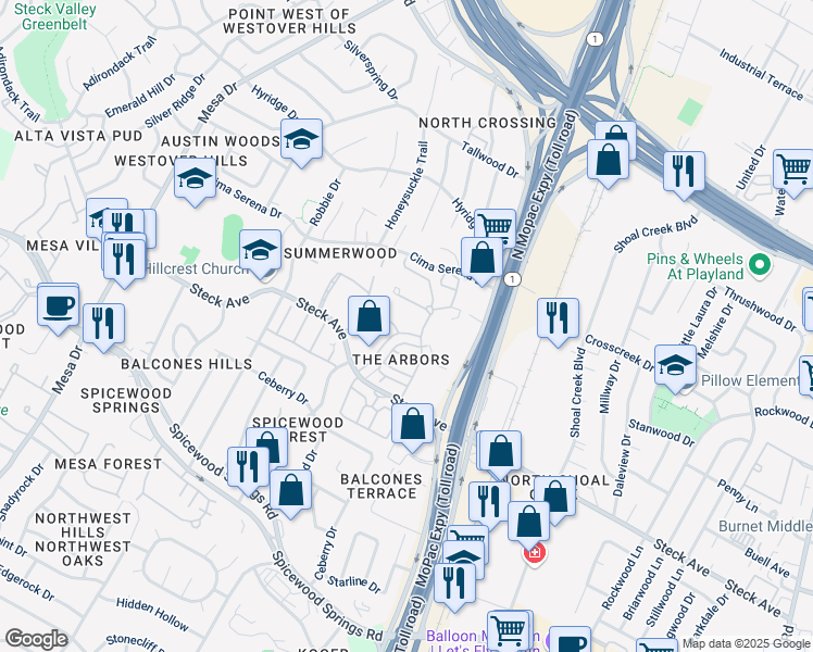 map of restaurants, bars, coffee shops, grocery stores, and more near 8304 Summer Side Dr in Austin
