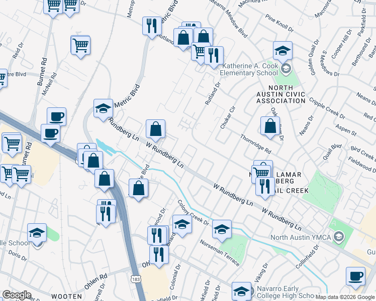 map of restaurants, bars, coffee shops, grocery stores, and more near 1714 Coturnix Drive in Austin