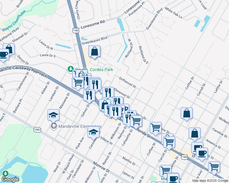 map of restaurants, bars, coffee shops, grocery stores, and more near 217 Elmwood Street in Mandeville