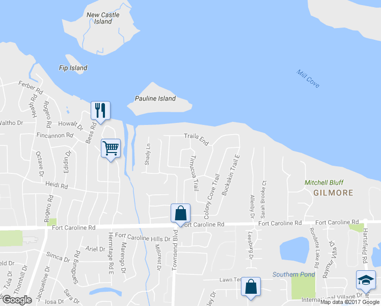 map of restaurants, bars, coffee shops, grocery stores, and more near 3904 Timucua Trail in Jacksonville