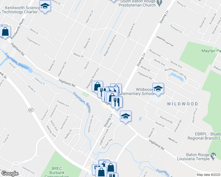 map of restaurants, bars, coffee shops, grocery stores, and more near 233 Kimbro Drive in Baton Rouge