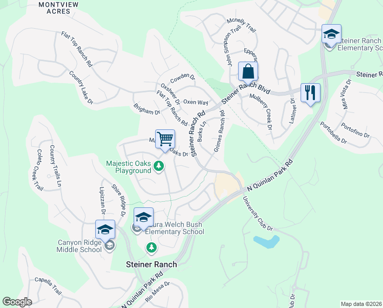map of restaurants, bars, coffee shops, grocery stores, and more near 2964 Grimes Ranch Road in Austin