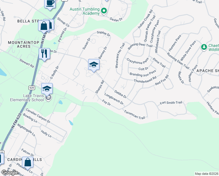 map of restaurants, bars, coffee shops, grocery stores, and more near 14813 Debba Drive in Austin