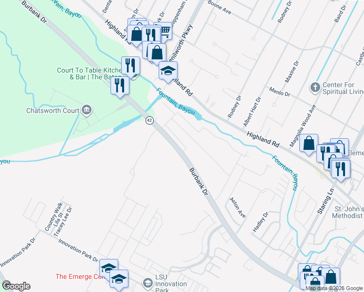 map of restaurants, bars, coffee shops, grocery stores, and more near 411 Cordova Avenue in Baton Rouge