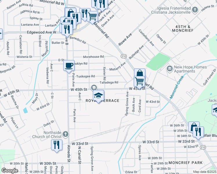 map of restaurants, bars, coffee shops, grocery stores, and more near 2023 West 45th Street in Jacksonville