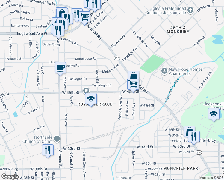 map of restaurants, bars, coffee shops, grocery stores, and more near 1943 West 45th Street in Jacksonville