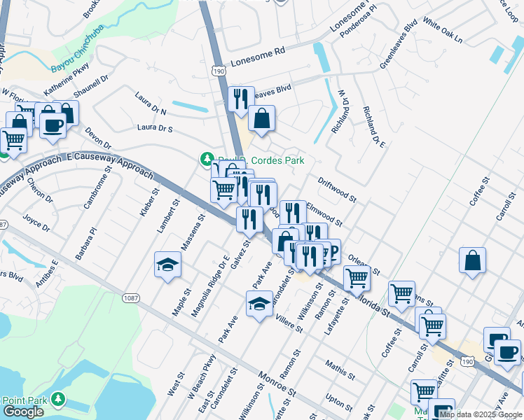 map of restaurants, bars, coffee shops, grocery stores, and more near 1755 U.S. Highway 190 in Mandeville
