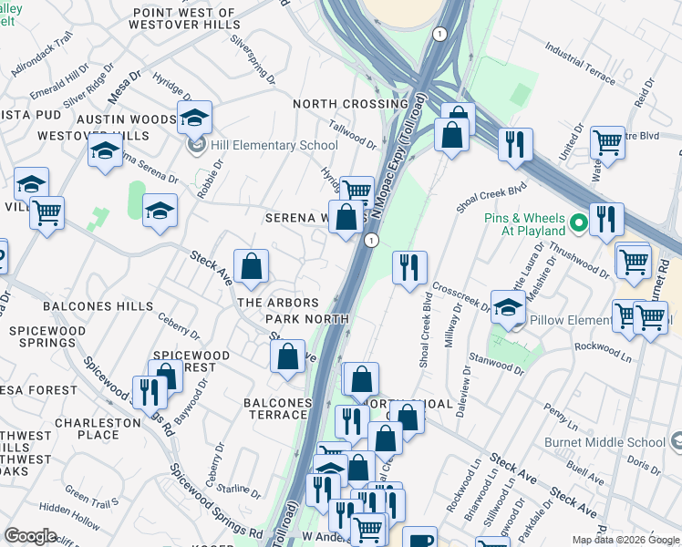 map of restaurants, bars, coffee shops, grocery stores, and more near 8400 North Mopac Expressway in Austin