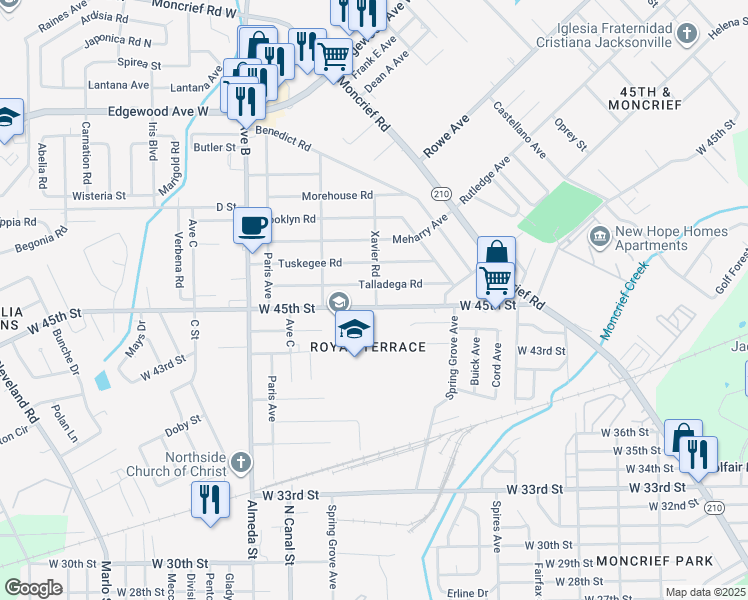 map of restaurants, bars, coffee shops, grocery stores, and more near 2023 West 45th Street in Jacksonville