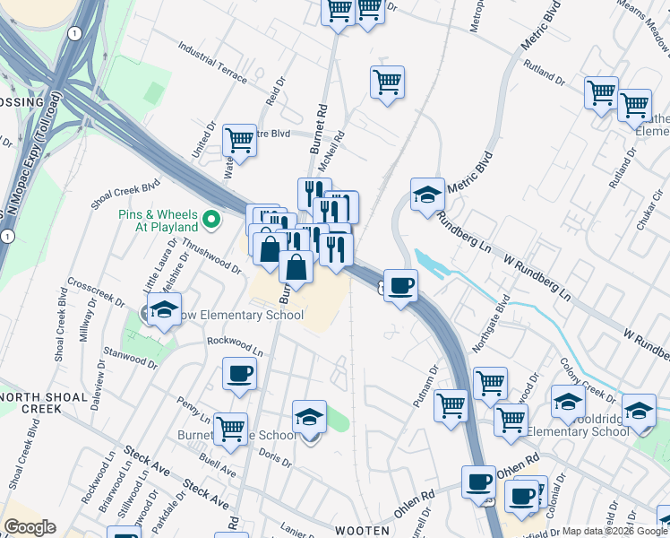 map of restaurants, bars, coffee shops, grocery stores, and more near 8998 Research Boulevard in Austin