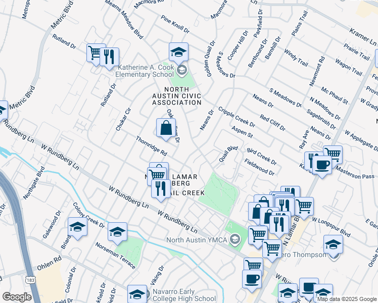 map of restaurants, bars, coffee shops, grocery stores, and more near 9706 Parkfield Drive in Austin