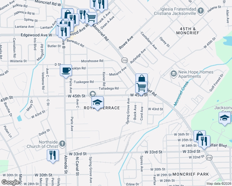 map of restaurants, bars, coffee shops, grocery stores, and more near 1943 West 45th Street in Jacksonville