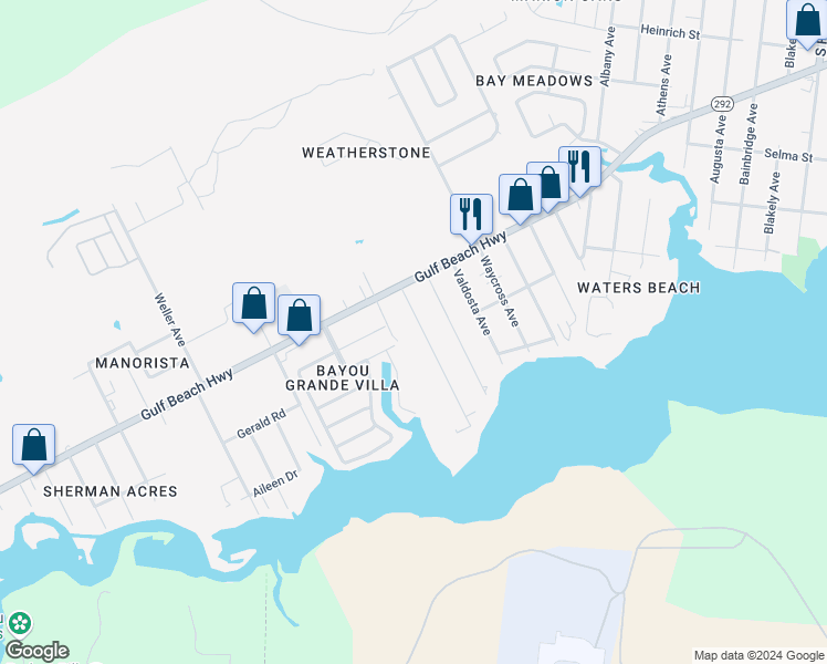 map of restaurants, bars, coffee shops, grocery stores, and more near 2453 Gulf Breeze Avenue in Pensacola