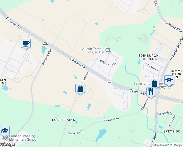 map of restaurants, bars, coffee shops, grocery stores, and more near Farm to Market 734 in Manor
