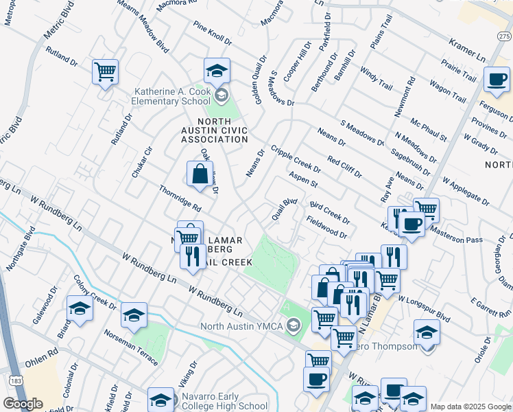 map of restaurants, bars, coffee shops, grocery stores, and more near 9803 Parkfield Drive in Austin