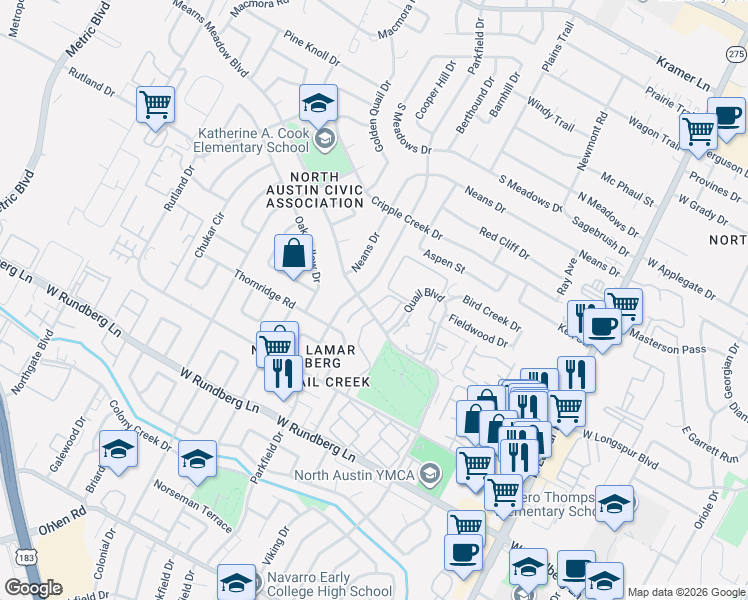 map of restaurants, bars, coffee shops, grocery stores, and more near 9803 Parkfield Drive in Austin