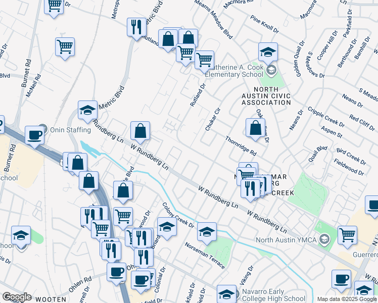 map of restaurants, bars, coffee shops, grocery stores, and more near 1621 Rutland Drive in Austin