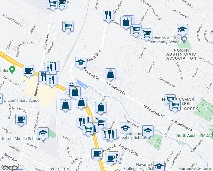 map of restaurants, bars, coffee shops, grocery stores, and more near 9210 Northgate Boulevard in Austin