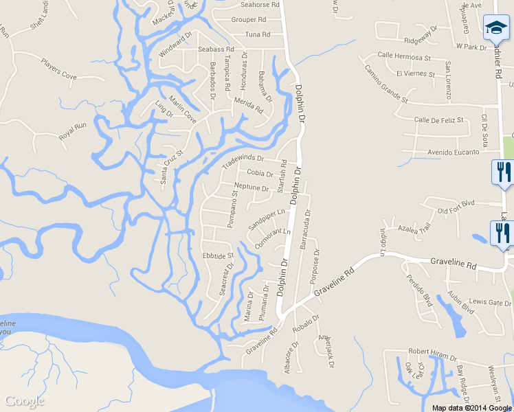 map of restaurants, bars, coffee shops, grocery stores, and more near 2120 Cockleshell Lane in Gautier