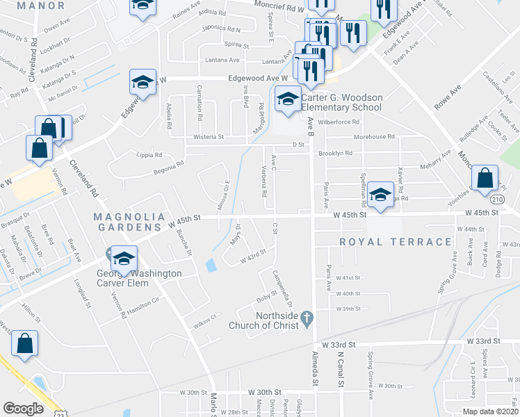 map of restaurants, bars, coffee shops, grocery stores, and more near 5502 Verbena Road in Jacksonville