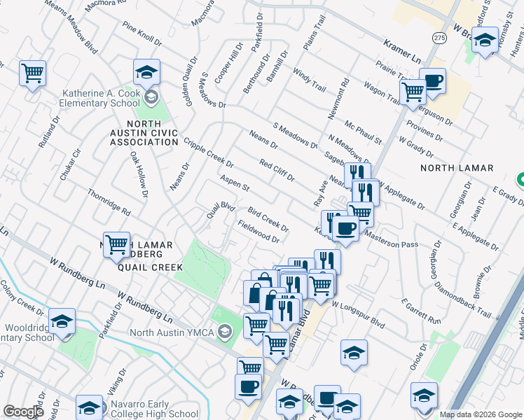 map of restaurants, bars, coffee shops, grocery stores, and more near 1008 Bird Creek Drive in Austin